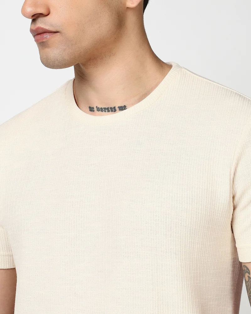 بيواكوف Men's Beige Textured T-shirt